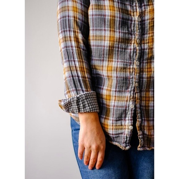 CP SHADES Romy Plaid Shirt Womens XS Gray Yellow Gauze Button Up Long Sleeve - Picture 4 of 16